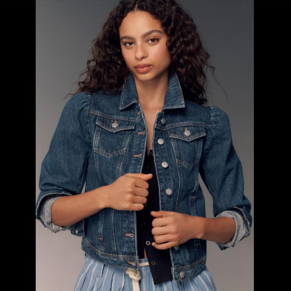 Classic Dark Blue Denim Jacket - Women's Puff Sleeve Trucker